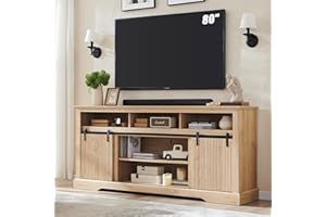 AITJUNZ Fluted TV Stand for 80 Inch TVs, 32" Modern Entertainment Center with Waveform Panel Sliding Door, Media Console Cabinet w/Storage, Soundbar & Adjustable Shelf for Living Room, 70 inch (Natural)