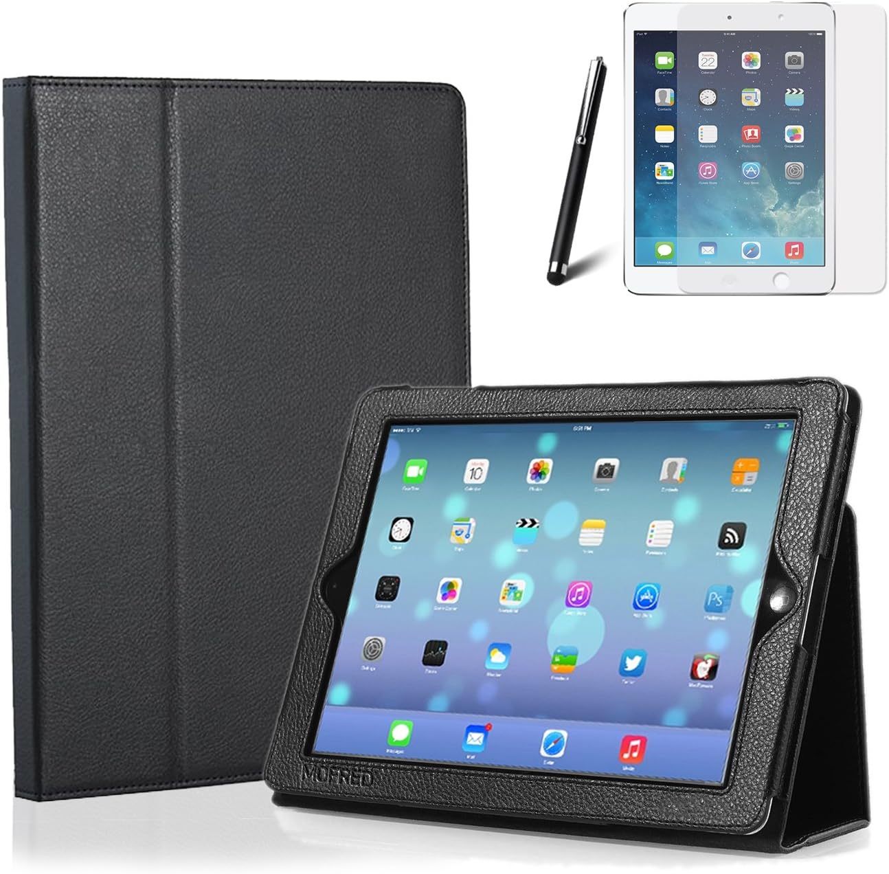 MOFRED® Black New Apple iPad Air-5th Generation (Launched 2013) Case-MOFRED®- Executive Multi Function Standby Case for Apple iPad Air with Built-in magnet for Sleep & Awake Feature + iPad Air Screen Protector Film + Stylus Pen (available in multiple colors)