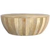 SIMPLIHOME Elmbrook 34" Wide Solid Mango Wood Round Coffee Table in Natural | Modern industrial round drum cocktail table with a low profile design, fully assembled; center table for living rooms.