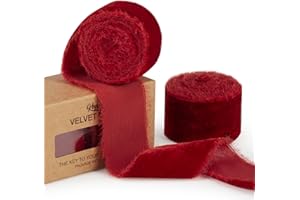 Keypan Red Velvet Ribbon for Christmas Tree - 1 1/2 inch Wide Handmade Fringe Fabric Ribbons for Gift Wrapping, Baby Shower, Flower Bouquet