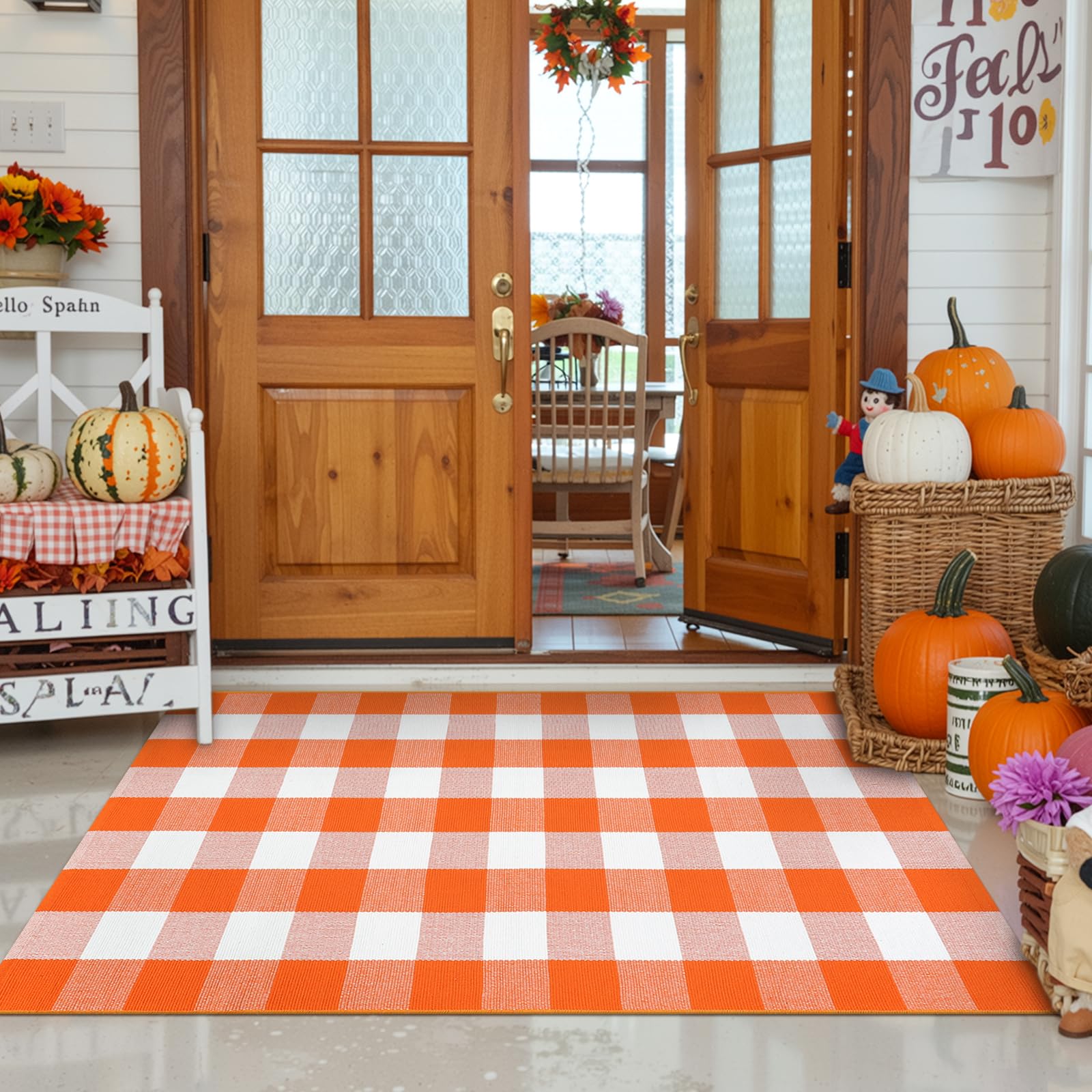 Photo 1 of KIMODE Fall Outdoor Rug Orange and White 3'x5',Washable Cotton Halloween Front Door Rug,Farmhouse Buffalo Plaid Layering Rugs,Reversible Fall Door Mat for Entryway,Halloween Front Porch Decor