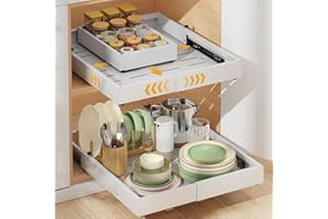 Housolution 2 Pack Pull Out Cabinet Organizer, Expandable Width 12"-20", Depth 16"-22", Upgraded Adhesive Slide Out Drawers w
