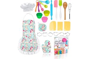 KAEGREEL Kids Baking Chef Set with Unicorn Apron and Mitt, 26pcs Kitchen Toys Kid Cooking Set with Chef Hat Spoons Whisk, Chef Supplies Role Play Gifts for Girls Boys Aged 3 4 5 6 7 8 Years Old