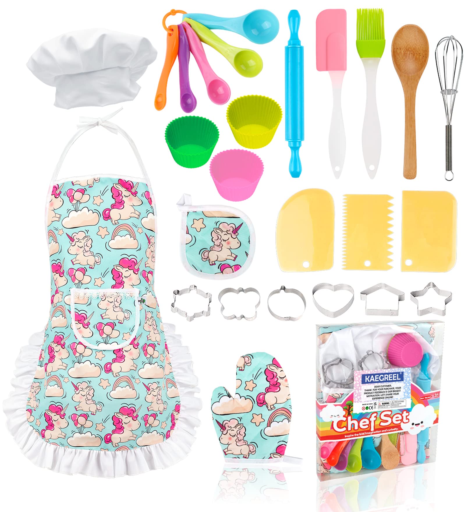 KAEGREEL Kids Baking Chef Set with Unicorn Apron, 26pcs Kitchen Toys Kid Cooking Set with Chef Hat Spoons Whisk, Chef Dress Up Role Play Gifts for Boys Girls 3 4 5 6 7 Years Old, Blue — image 1