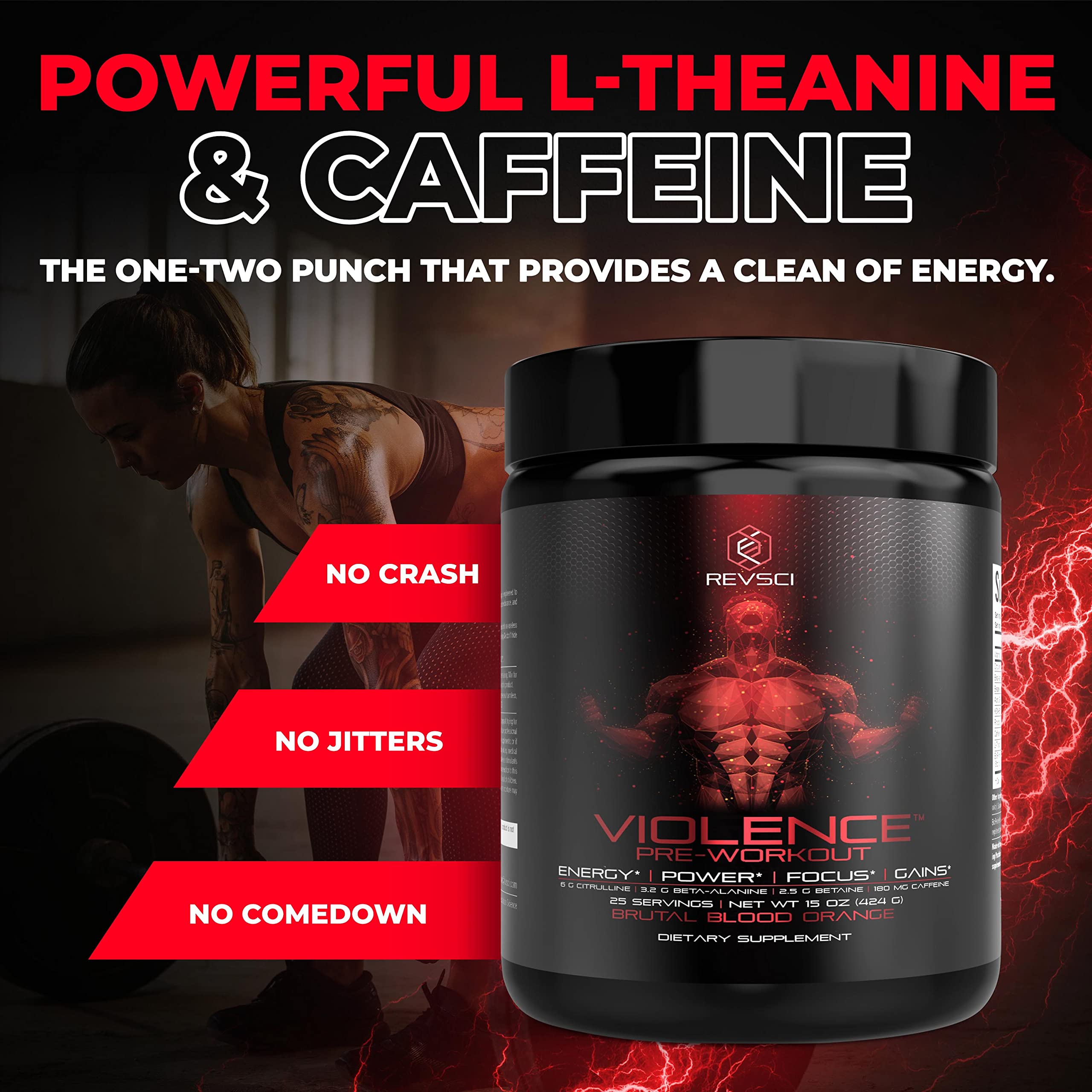Violence Pre Workout Powder for Men & Women, Clinically Dosed Preworkout, 180 mg Caffeine + L-Theanine, L Citrulline Malate, Beta Alanine, Alpha GPC - 25 Servings, Blood Orange - Energy, Focus & Pump
