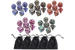 CREEBUY Polyhedral DND Dice Set, 5 Pack Vintage Dragon-Patterned Dice Sets Compatible with Dungeons and Dragons D&D RPG Games,35 Pieces (5 Colors with Black)