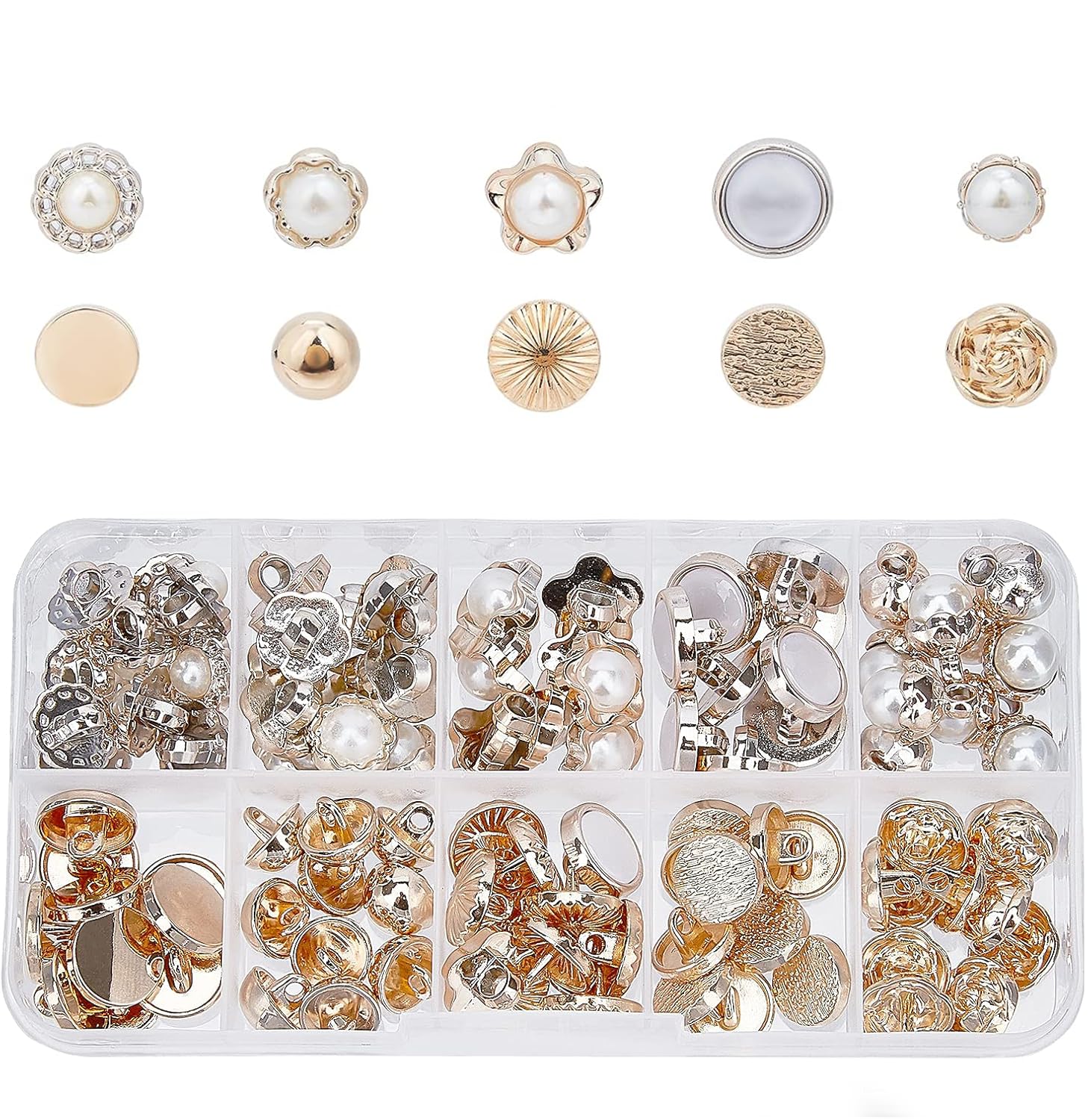 PH PandaHall 100pcs Gold Button 10 Style Pearl Sewing Buttons with Shank Flower Cover Up Button Half Round Metal Buttons for Clothes Shirts Jackets Suits Coats Sweaters Crafts, 10-13mm