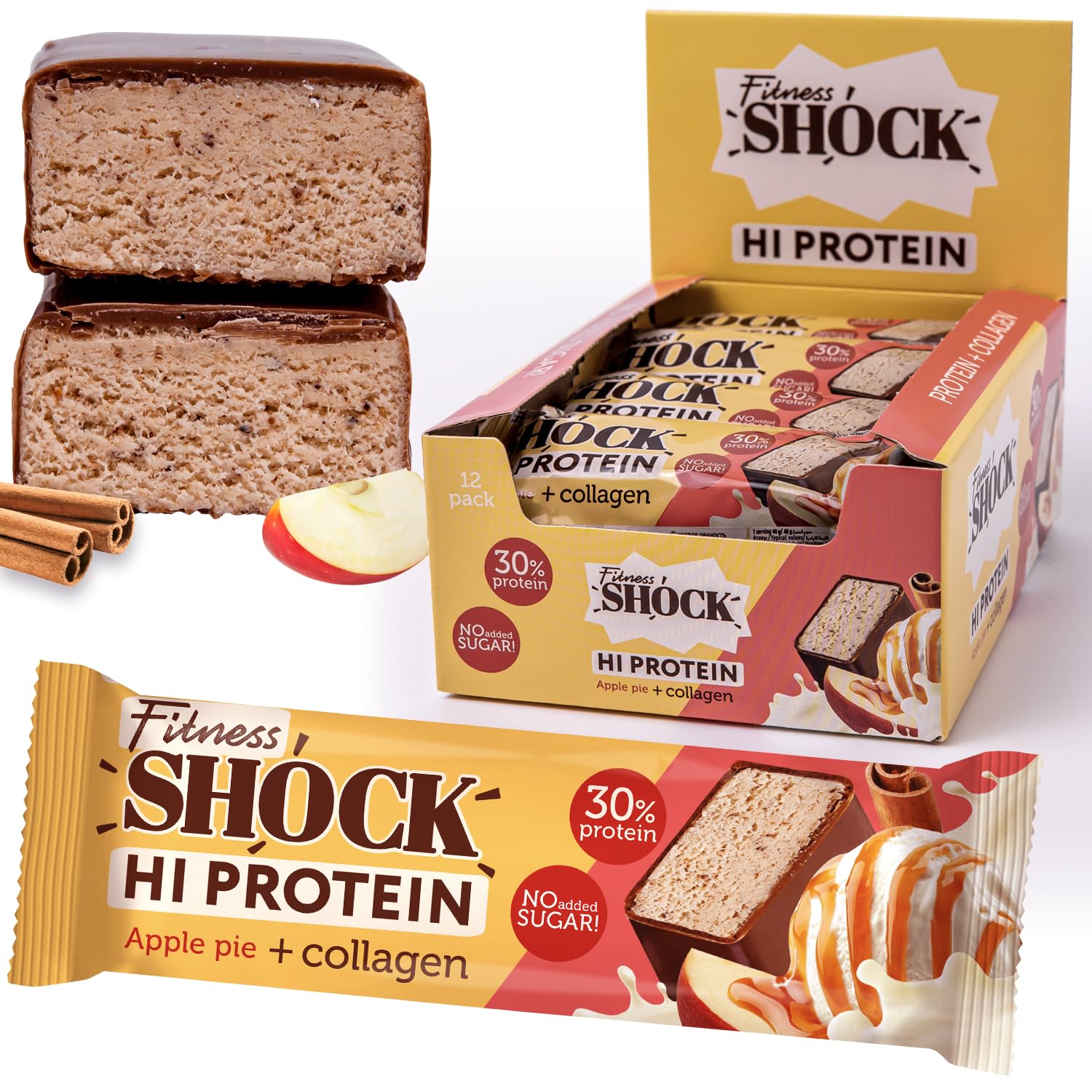 FitnesSHOCK High Protein Bars, 12g Protein, Low Carb, No Added Sugar, Low Calorie143 Kcal, 5g collagen, Fiber-Rich, Apple Pie&Cinammon Flavor 12x40g