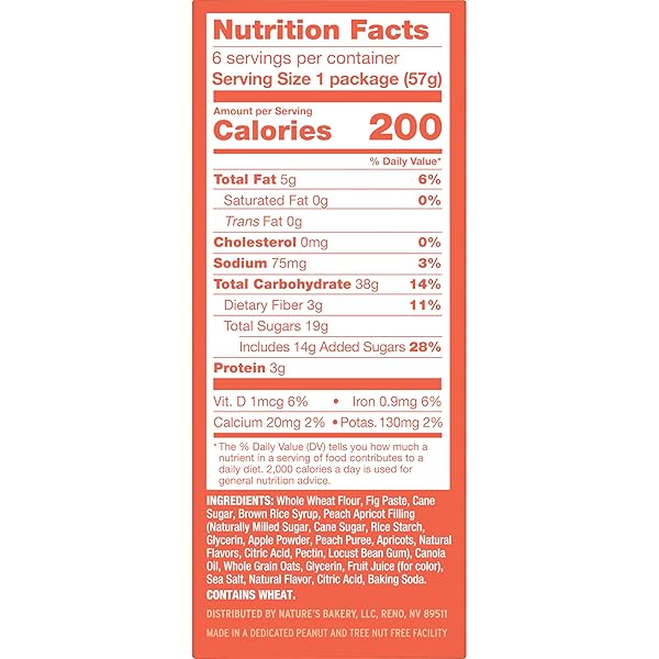 NATURE’S BAKERY WHOLE WHEAT FIG BARS, PEACH APRICOT, VEGAN SNACKS, NON-GMO (6 COUNT OF 2 OUNCE BARS), 12 OUNCE