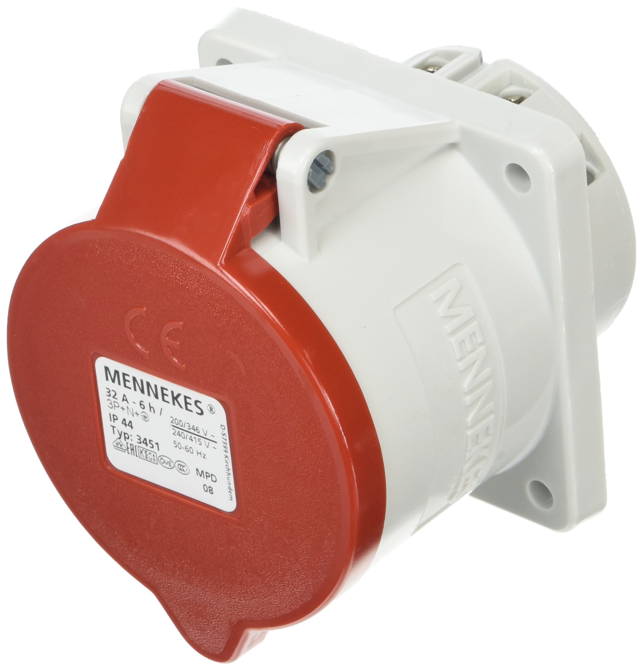 MENNEKES 3451 Straight Panel Mounted Socket, IP 44 Protection, 6 hours Earth Position, 5 Pole, 32 A Current, 400V, Red