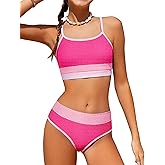 TALLWH Girls Bathing Suit Color-Block Adjustable Straps Bikini Sets Girls Two Piece Swimsuits with Chest Pad Swimwear 7-18T