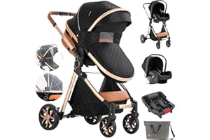 Aveainelle 3 in 1 Baby Stroller Travel System Combo Set, Reversible Infant Stroller with One-Click Folding, Convertible Newborn Toddler Pram Carriage with Aluminum Frame (UDV9-BLACKGOLD with Base)