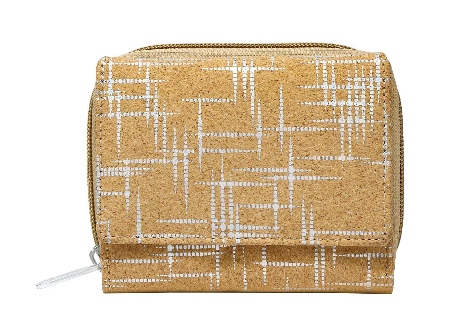 Hudson & James Ladies Designer Cork Vegan RFID Blocking Shield Compact Card Holder Wallet Purse Multi Card Women Clutch Wallet with Phone Pocket (Cork with Silver Accents)