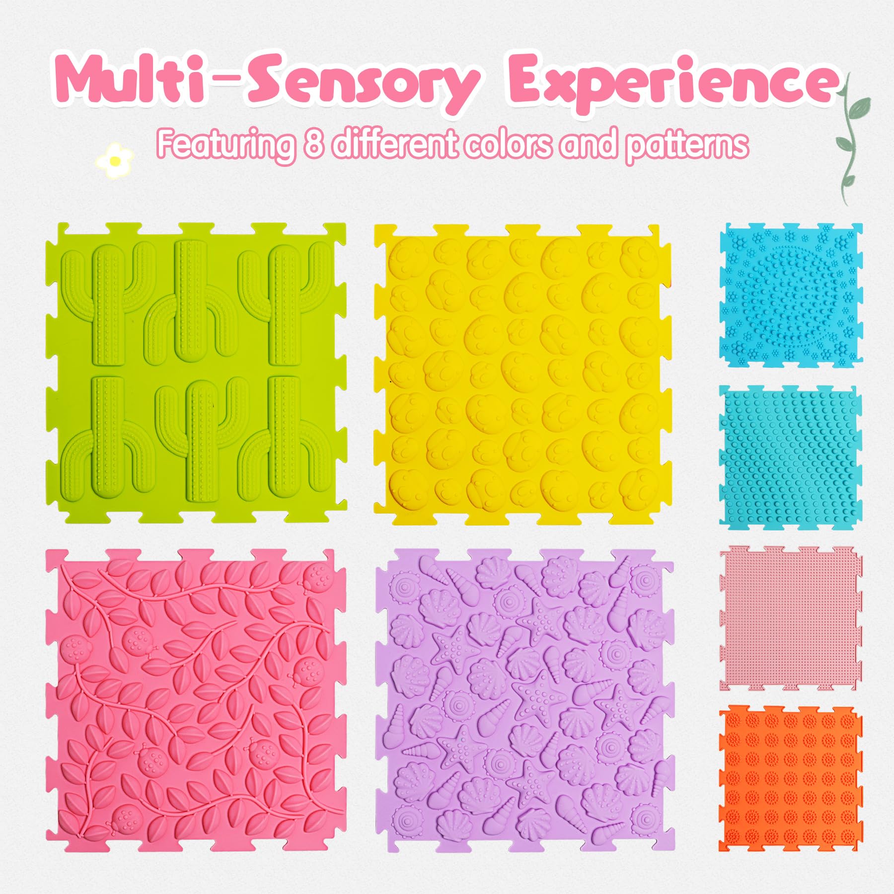 8 Pcs Sensory Mats, Sensory Tiles Puzzle Floor Mat for Kids Sensory Room Items，Different Patterns and Colors - Silicone Massage Orthopedic Mat for Children with Autism