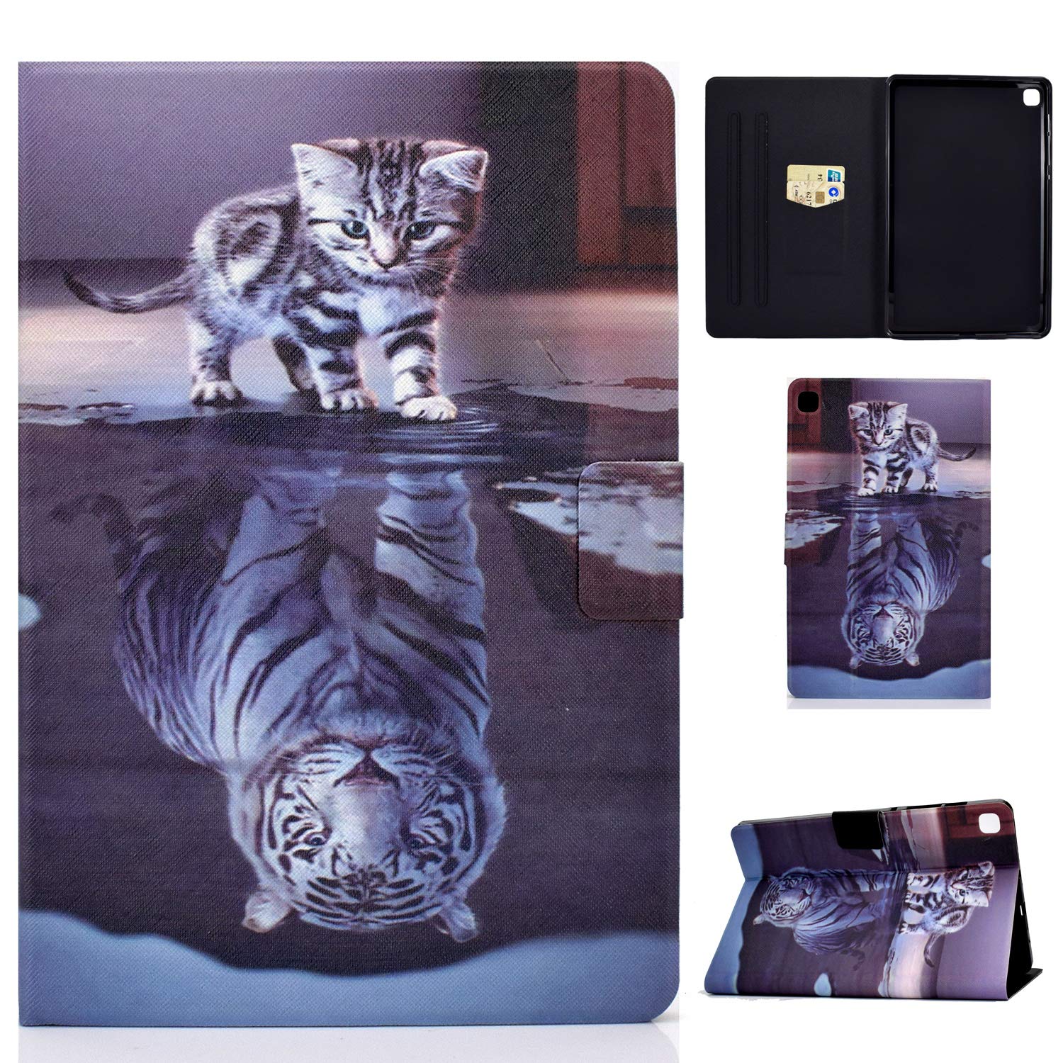 CaseFun Case for Samsung Galaxy Tab S6 Lite 10.4 P610/P615 Multi-Angle Protective Case Cover with Auto Wake/Sleep and Documents Card Pocket Cat Tiger