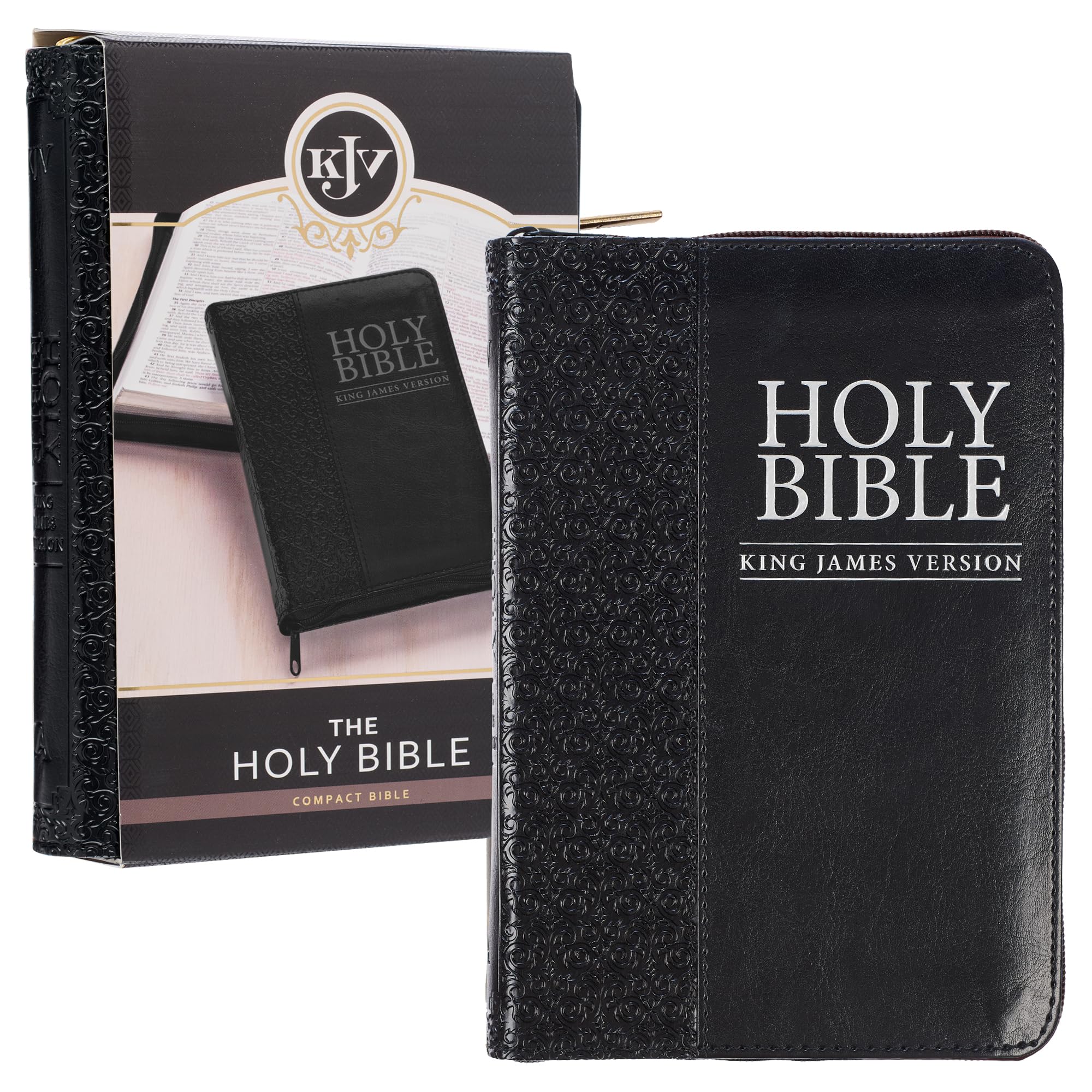 KJV Holy Bible, Compact Faux Leather Red Letter Edition - Ribbon Marker, King James Version, Black Faux Leather, Zipper Closure (KJV Compact Editions) KJV Holy Bible, Compact Faux Leather Red Letter Edition - Ribbon Marker, King James Version, Black Faux Leather, Zipper Closure (KJV Compact Editions) Imitation Leather