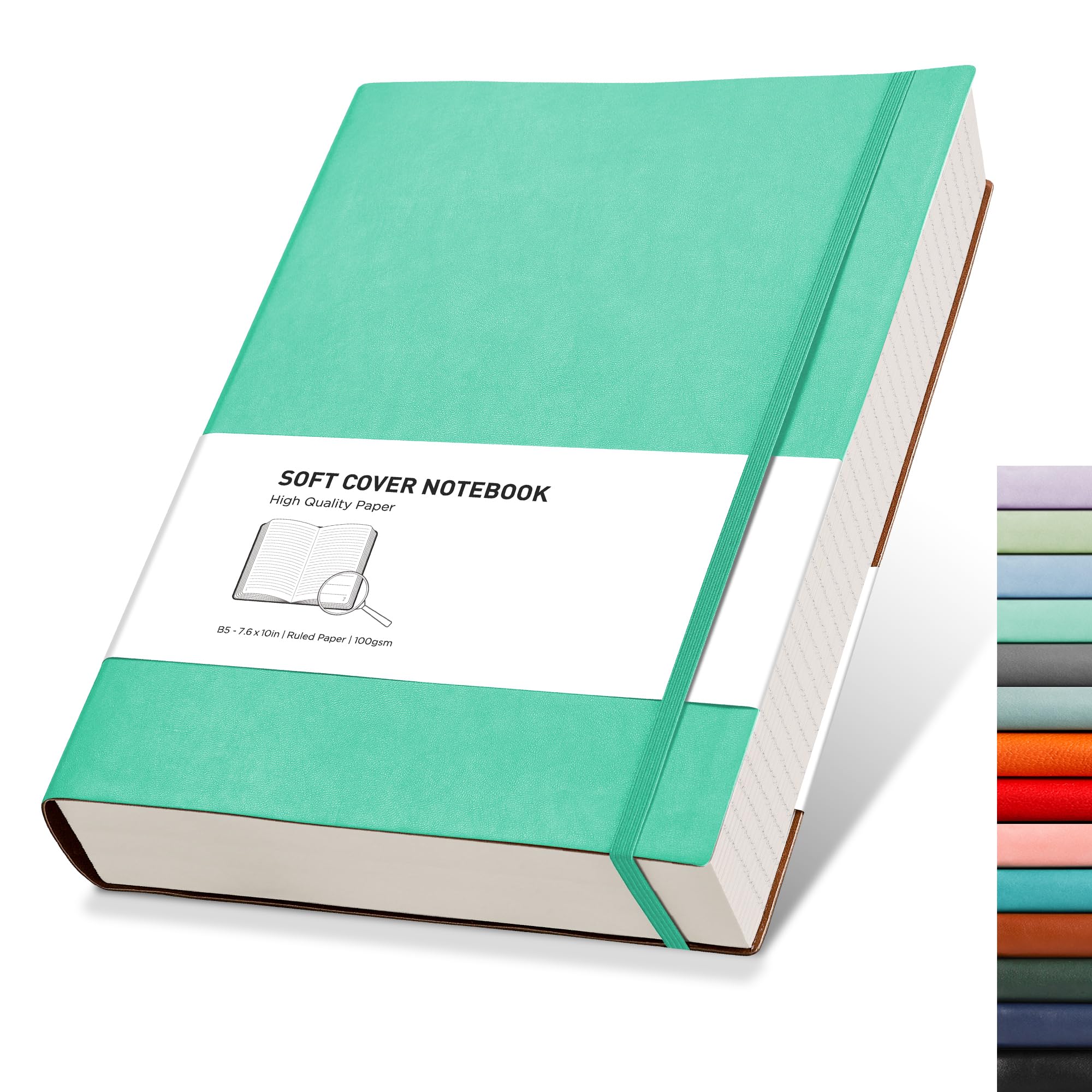 RETTACY College Ruled Notebook - 320 Numbered Pages Large B5 Lined Journal Notebook, 100gsm Thick Lined Paper, Faux Leather Softcover, for Women Men Work School, 19 x 25 cm - Mint Green — image 1