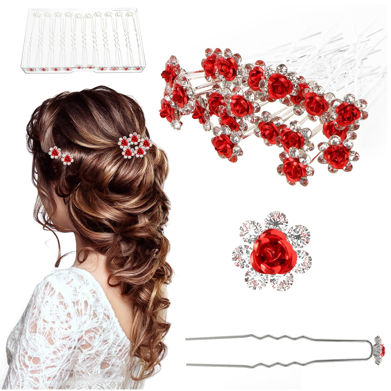 UHOMENY 25pcs Bridal Wedding Hair Pins with Crystal Rose Flower Crystal Diamante Rose Flower Rhinestone Hair Pins Clips for Bridal Wedding Women Hair Accessories (Red)