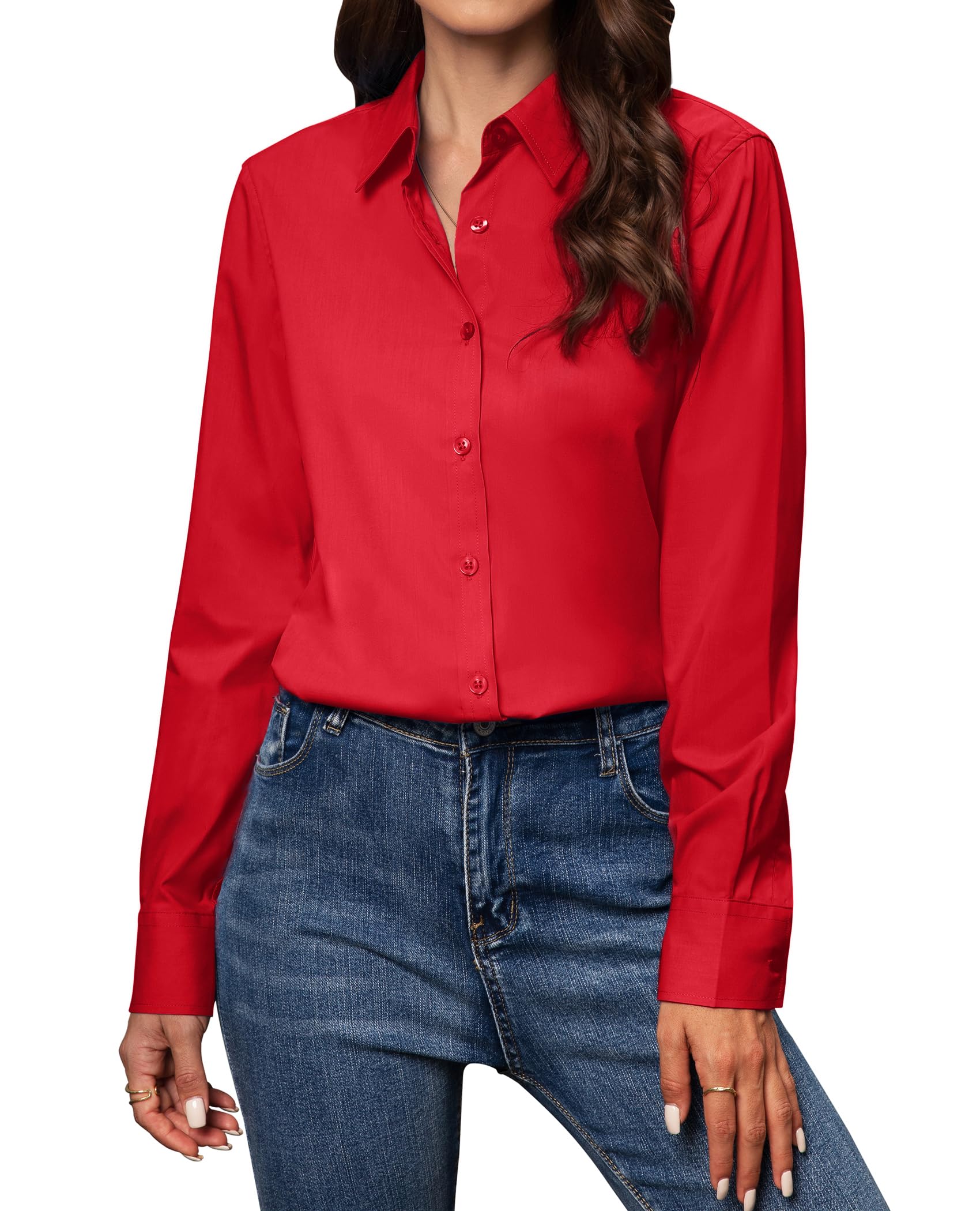 Photo 1 of    Gleeivy Button Down Shirts for Women Long Sleeve Dress Shirts Classic Fit Solid Cotton Women Dress Shirts Work Office Red M..