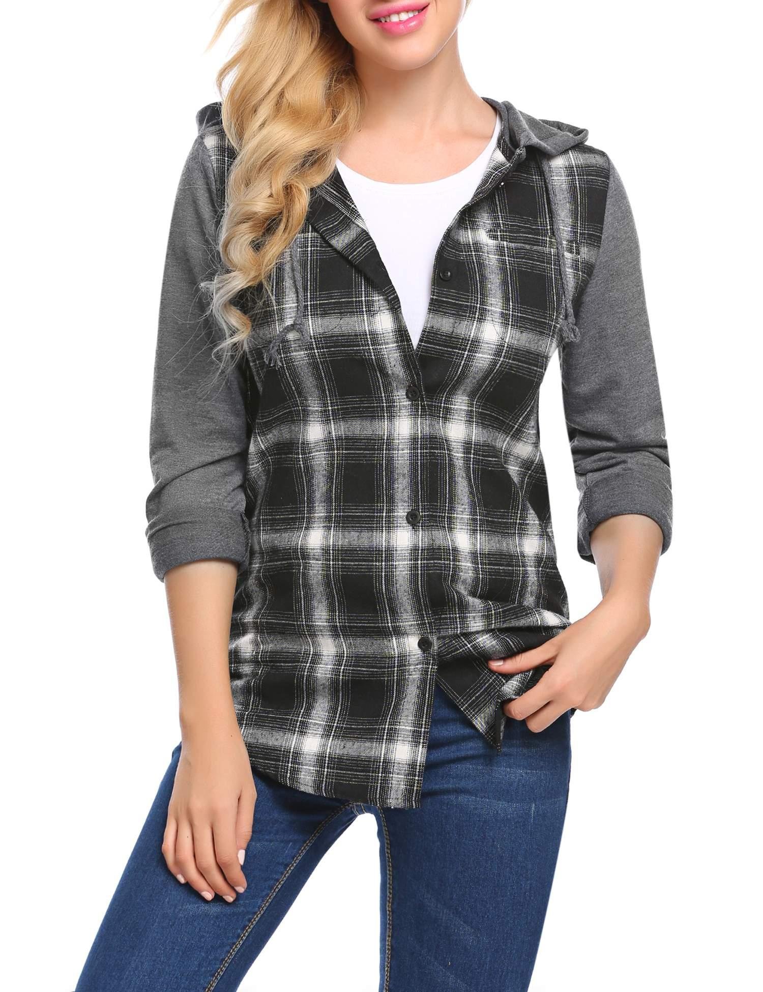 Billti Womens Casual Long Sleeve Plaid Button Hooded Shirt
