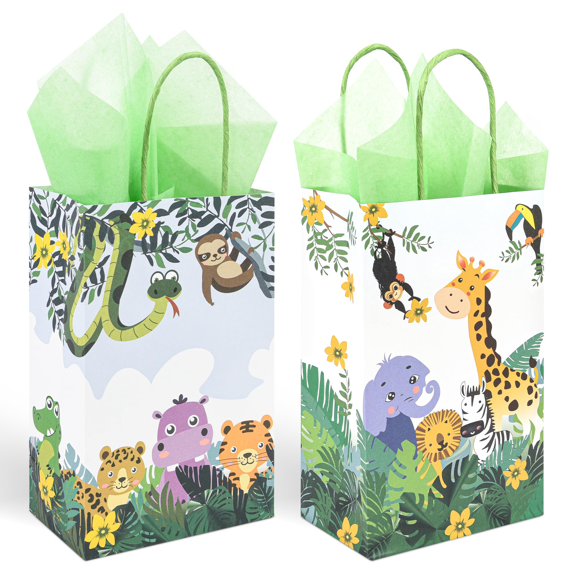 Photo 1 of 36 Pack Small Jungle Safari Woodland Animal Themed Party Gift Bags with Handles and Green Tissue Paper for Birthday, Baby Shower Party Favors Treats Goodies, 9x5.5x3.15 Inch (2 Assorted Designs)