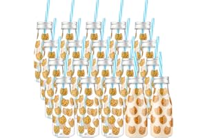 Yungyan 20 Pcs Plastic Cookies Milk Bottles with Straws and Lids Small Clear Milk Jar with Lids Mini Juice Bottles and 300 Sticker Labels for Theme Birthday Party Baby Shower