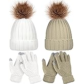 4 Pcs Winter Beanie Hat Gloves Set Pom Knit Unisex Warm Fleece Lined Hat Touchscreen Gloves for Women Men Couples Friends
