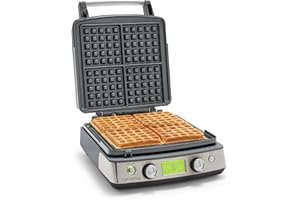 GreenPan Elite 4-Square Belgian & Classic Waffle Iron, Healthy Ceramic Nonstick Aluminum Dishwasher Safe Plate, Adjustable Shade/Crunch Control, Wont Overflow, Easy Clean, Breakfast,PFAS-Free,Graphite