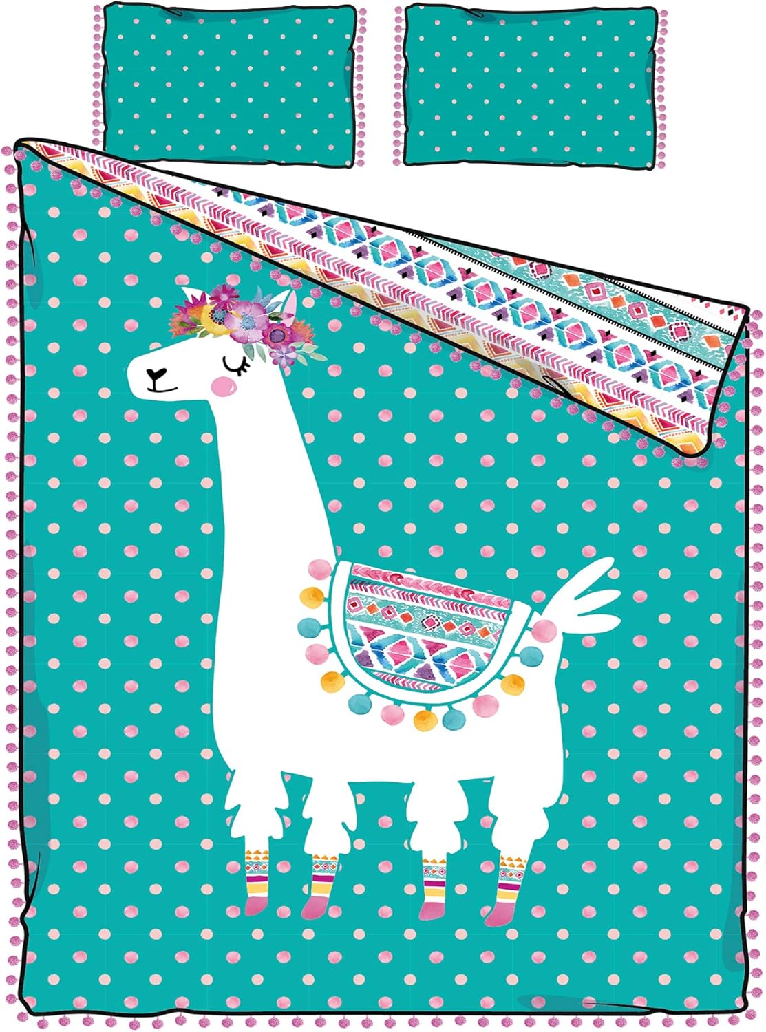 South Shore DreamIt Full Comforter and Pillowcase Festive Llama, Turquoise and Pink