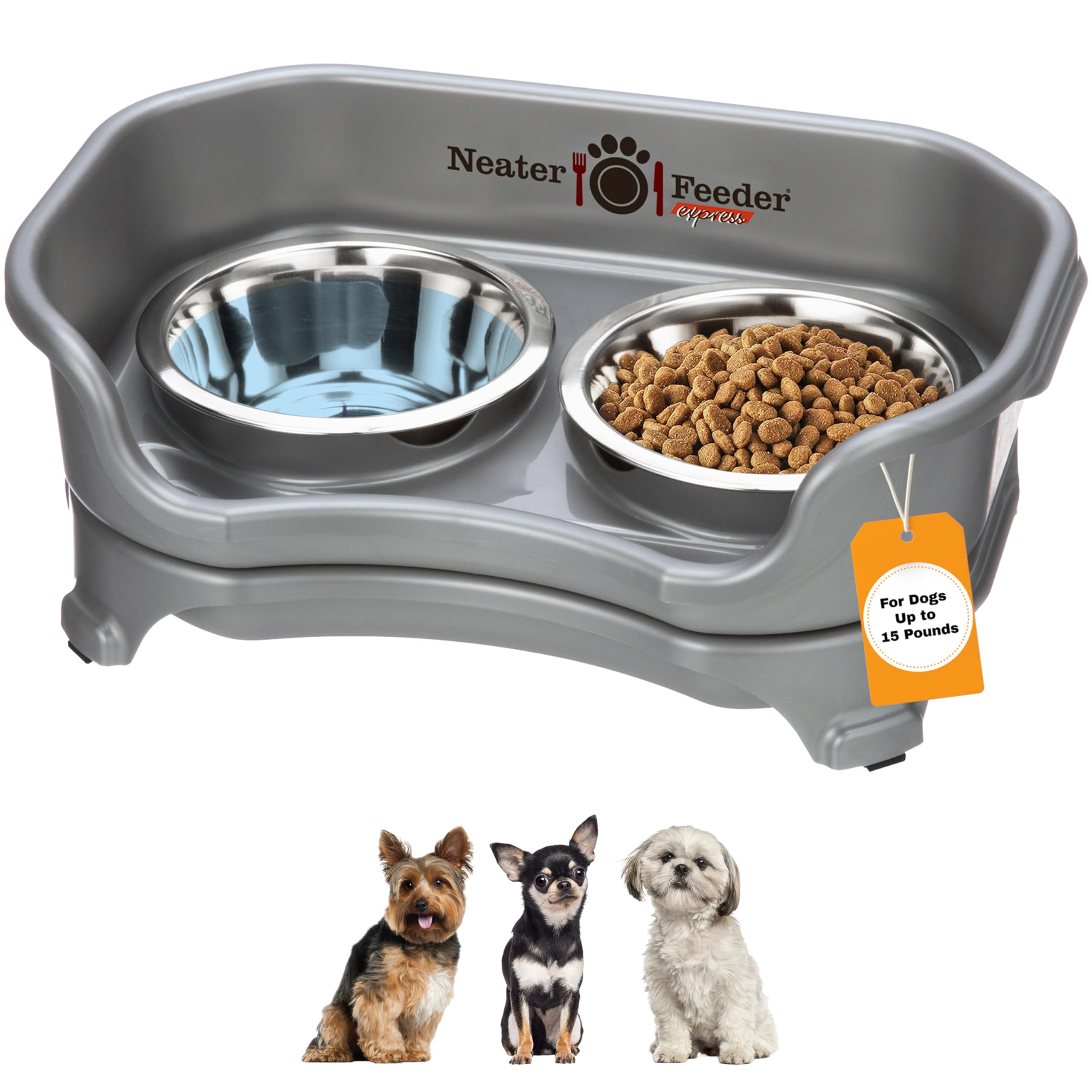 Neater Feeder Express by Neater Pet Brands - Mess Proof Pet Feeder with Stainless Steel, Drip Proof, No Tip and Non Slip Bowls (Small Dog, Gunmetal)