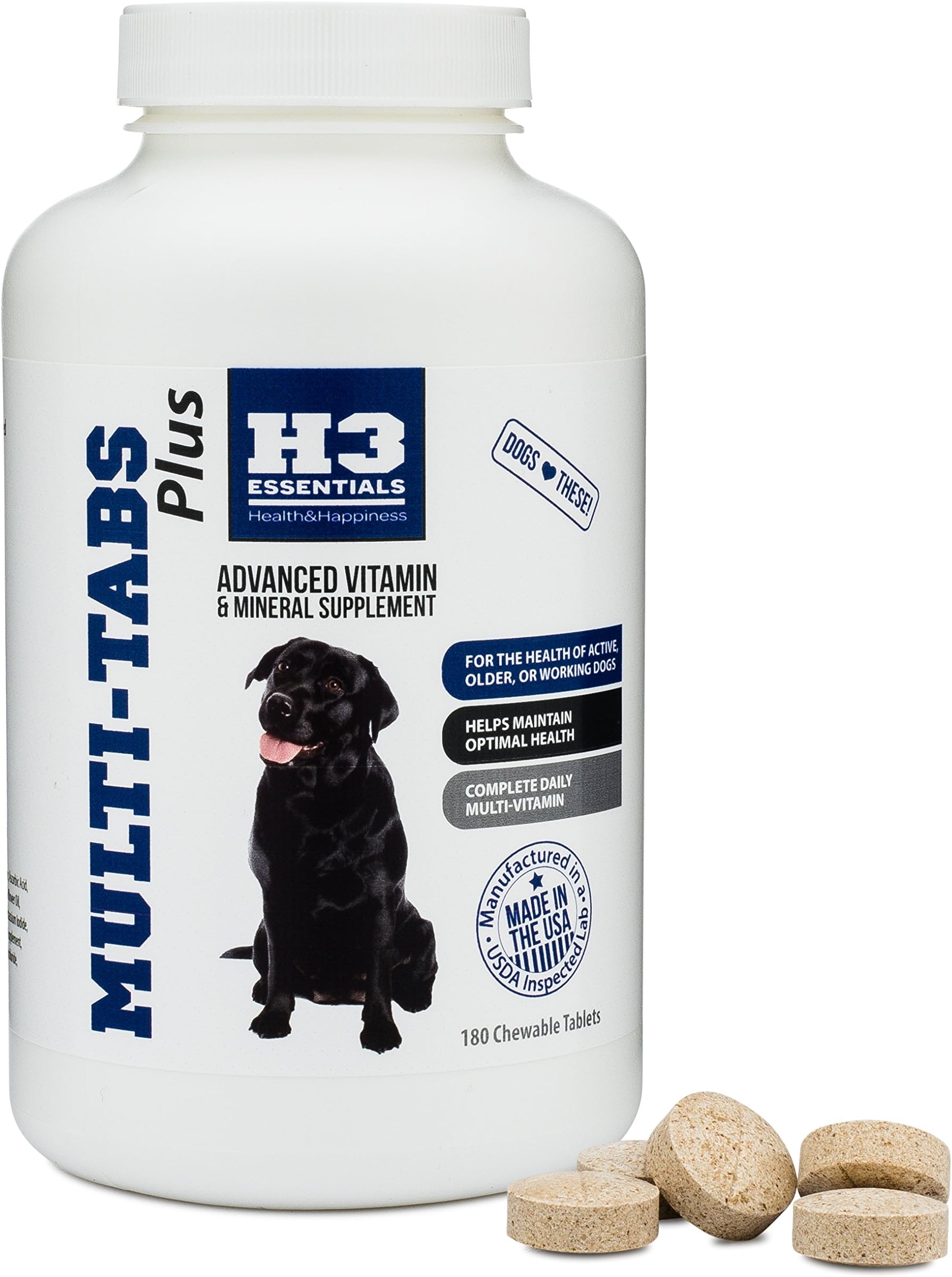 H3 Essentials - Multi Tabs Plus 180 Count - Dog Vitamin and Mineral Supplement - Advanced Formula Multivitamins for Senior, Active or Working Dogs - Tasty Chewable Tablets