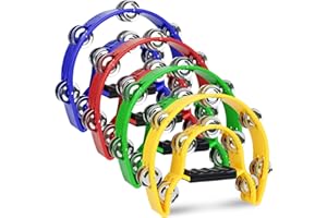 XQIANG 4 Pack Double Row Tambourine for Adults, 9" Half Moon Tambourines Bulk for Church, Metal Jingles Hand Held Percussion Drum, Panderetas Para Adultos Cristianos, Musical Tambourine for KTV, Party, Band