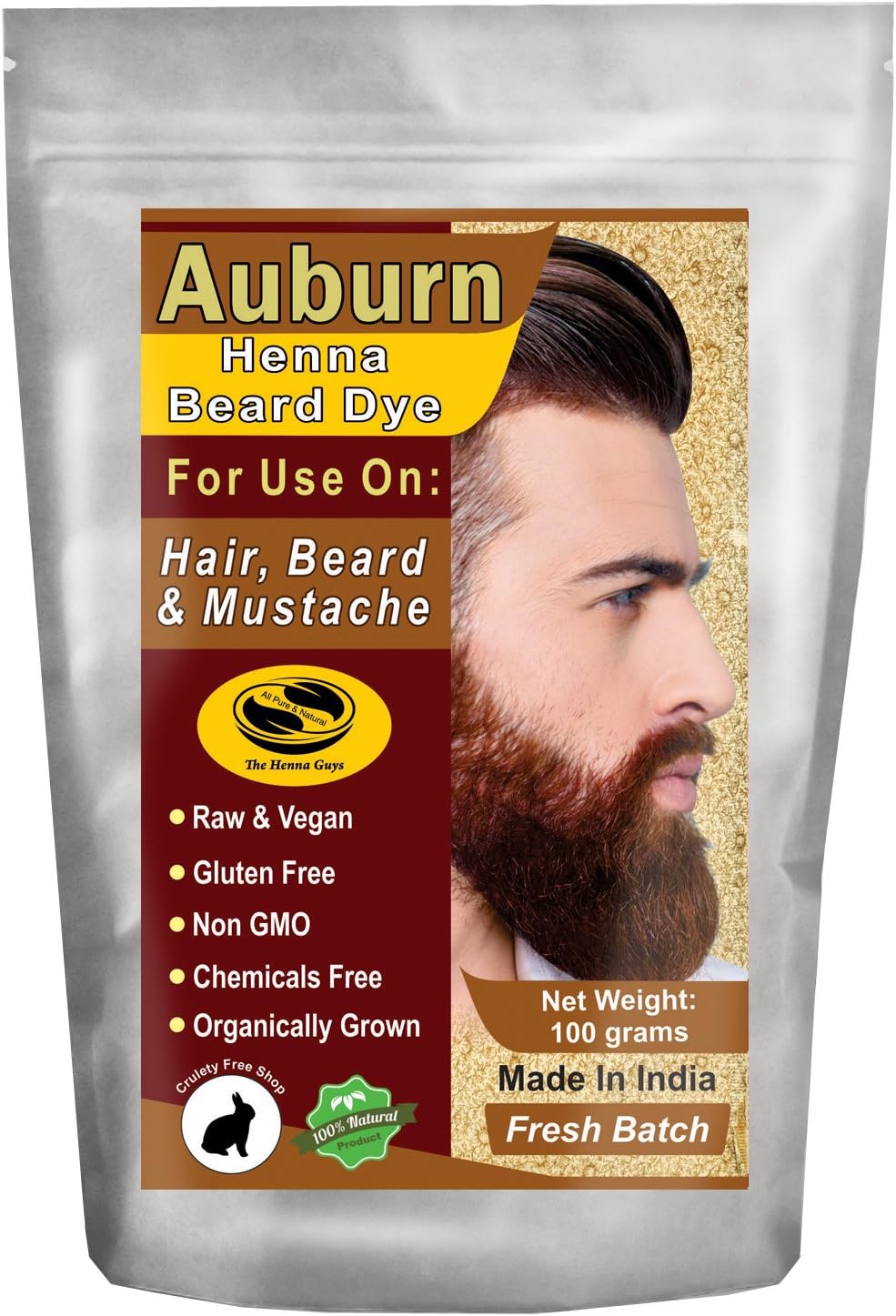 1 Pack of Auburn Henna Beard Dye for Men - 100% Natural & Chemical Free Dye for Hair, Beard & Mustache - The Henna Guys
