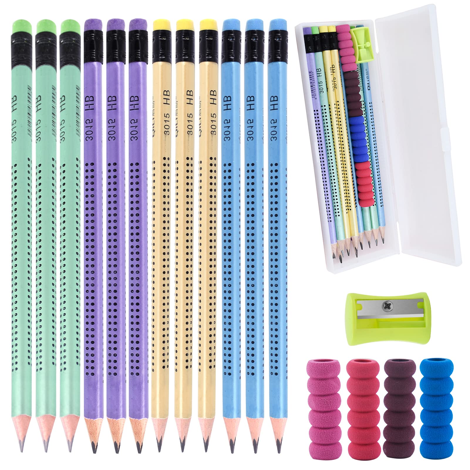 Zngou 18Pcs Hb Pencils Set, 12Pcs Presharpened with Rubbers On The End Triangle Wood Cute Eraser 1 Sharpener 4 Pencil Grips Pen Case for School Kids Children Writing Drawing