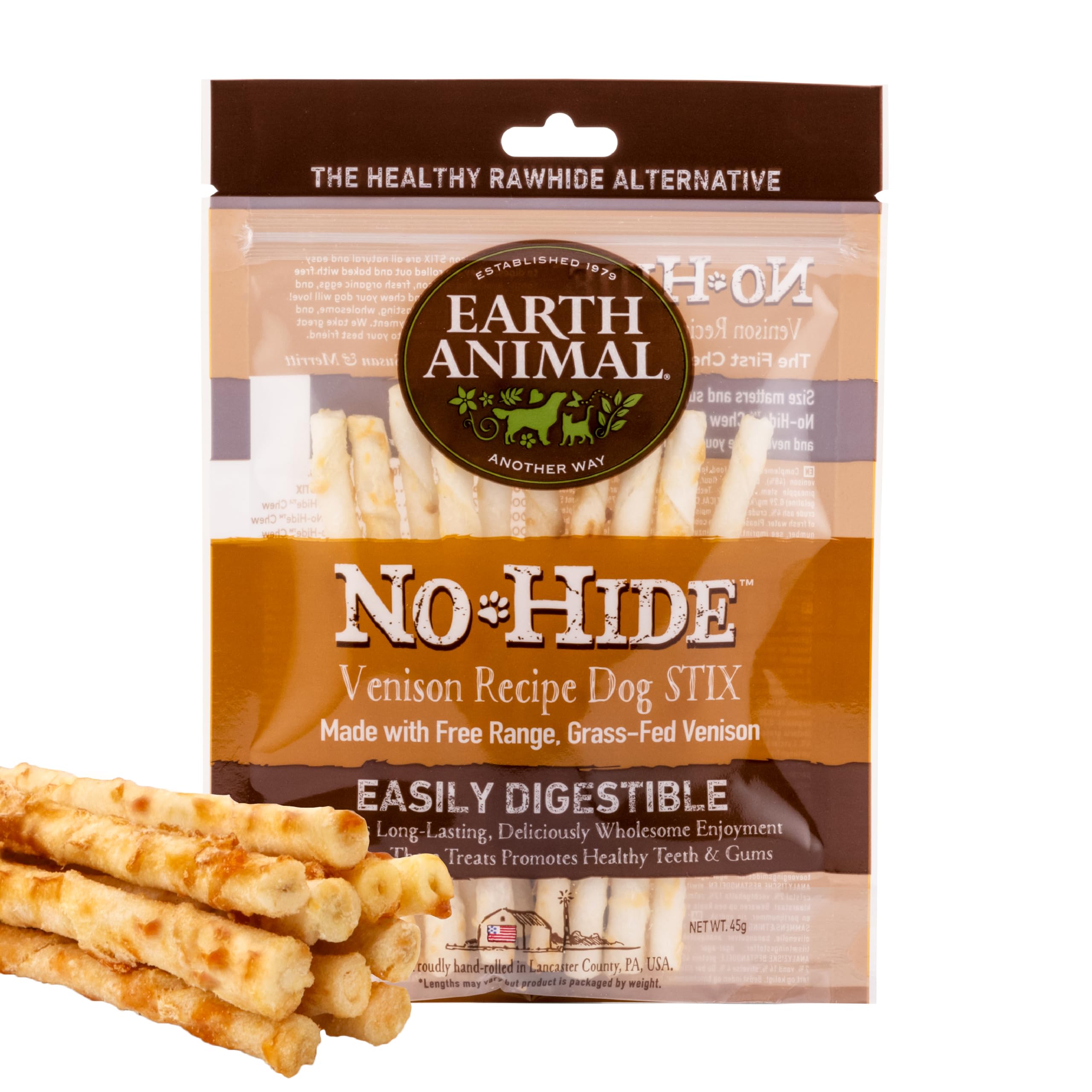 Earth Animal No Hide Dog Chews Natural Long Lasting Dental Sticks for Small Dogs Training Treat Gift - Venison, Stix, 10 Pack (45g) โ image 1