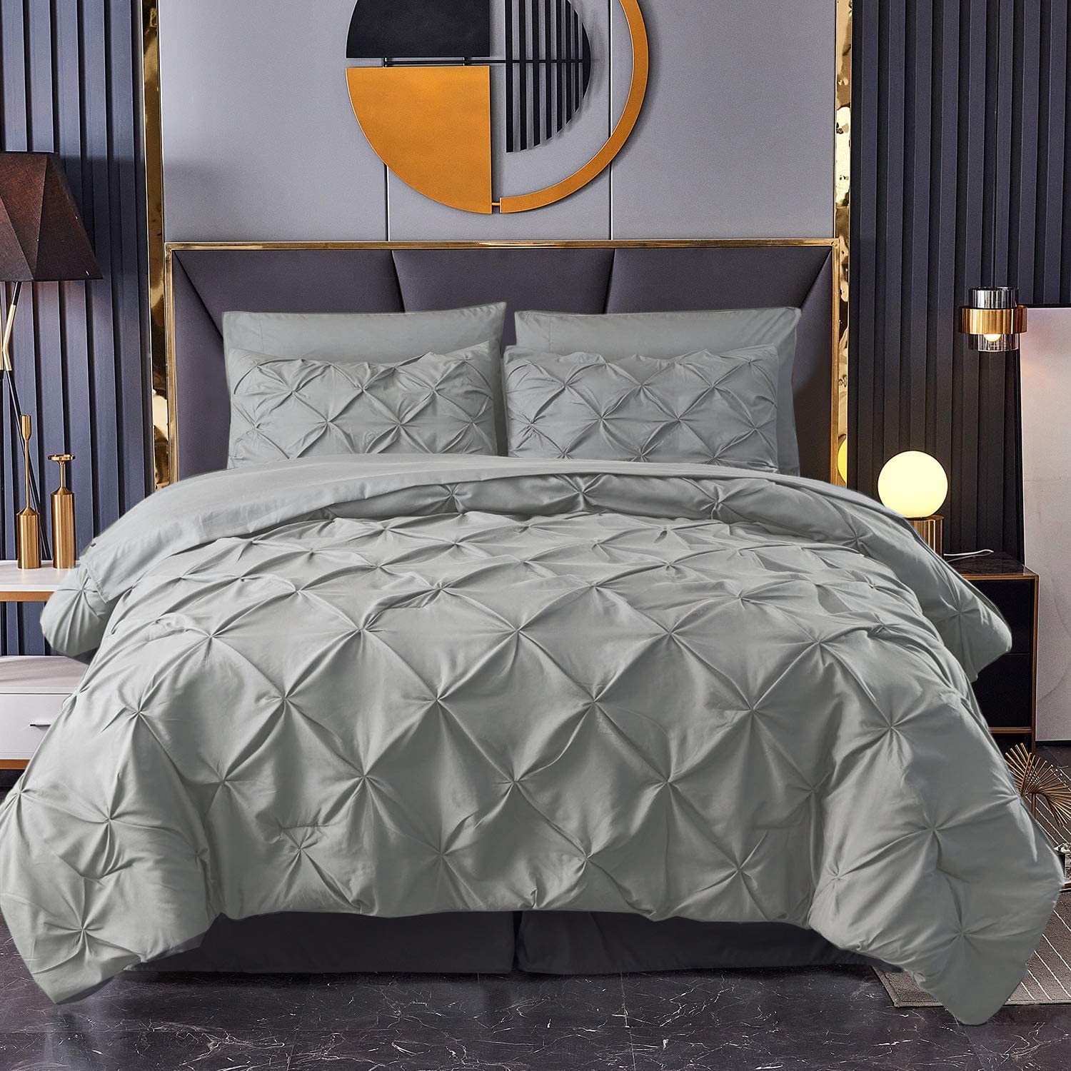 MK Home Textile Pintuck Duvet Cover 3 Piece Pinch Pleat Bedding Sets – 100% Cotton Percale 200 Thread Count Quilt Covers – White/Silver Grey/Charcoal/Pink/Navy Bed Set (Silver Grey, Super King)