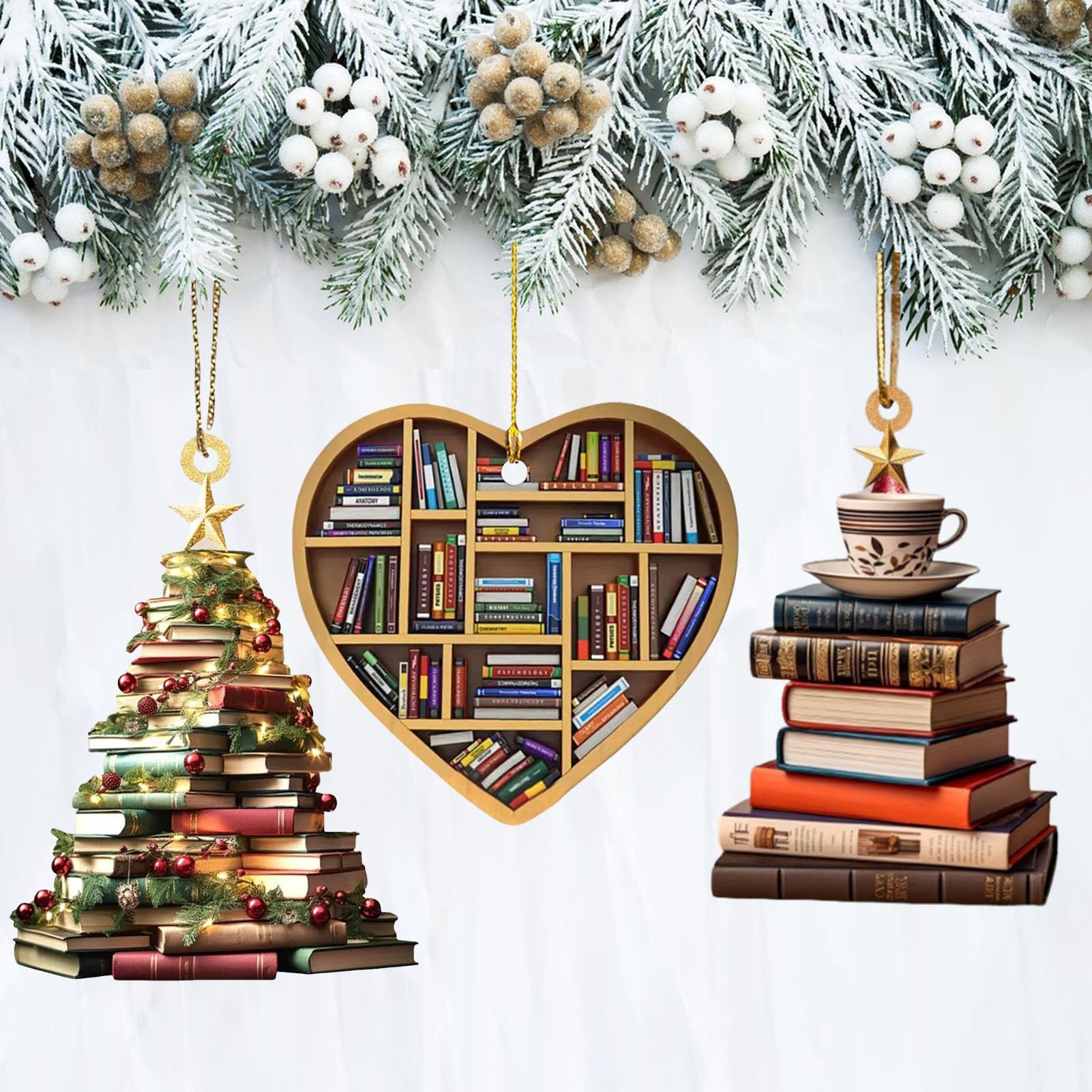 3PCS Book Christmas Tree Ornaments - Stacked Books Ornament Hanging Gift Decorations for Christmas Tree (Heart)