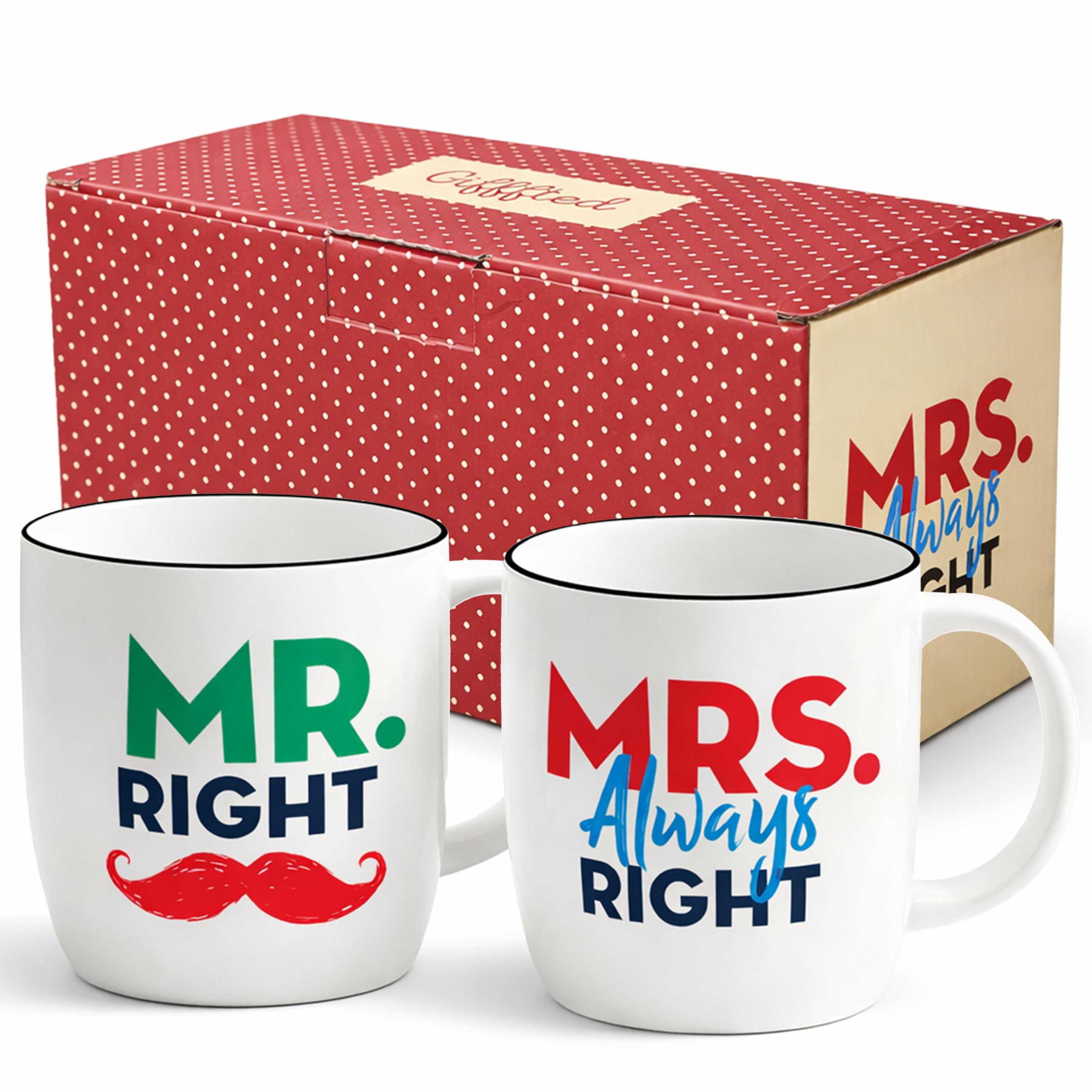 Triple Gifffted Mr Right Mrs Always Right Coffee Mugs Gifts Ideas for Couples, Wedding Anniversary, Engagement, Christmas, His & Hers, Bride and Groom, Parents, Newlyweds Bridal Shower, Ceramic 380ml