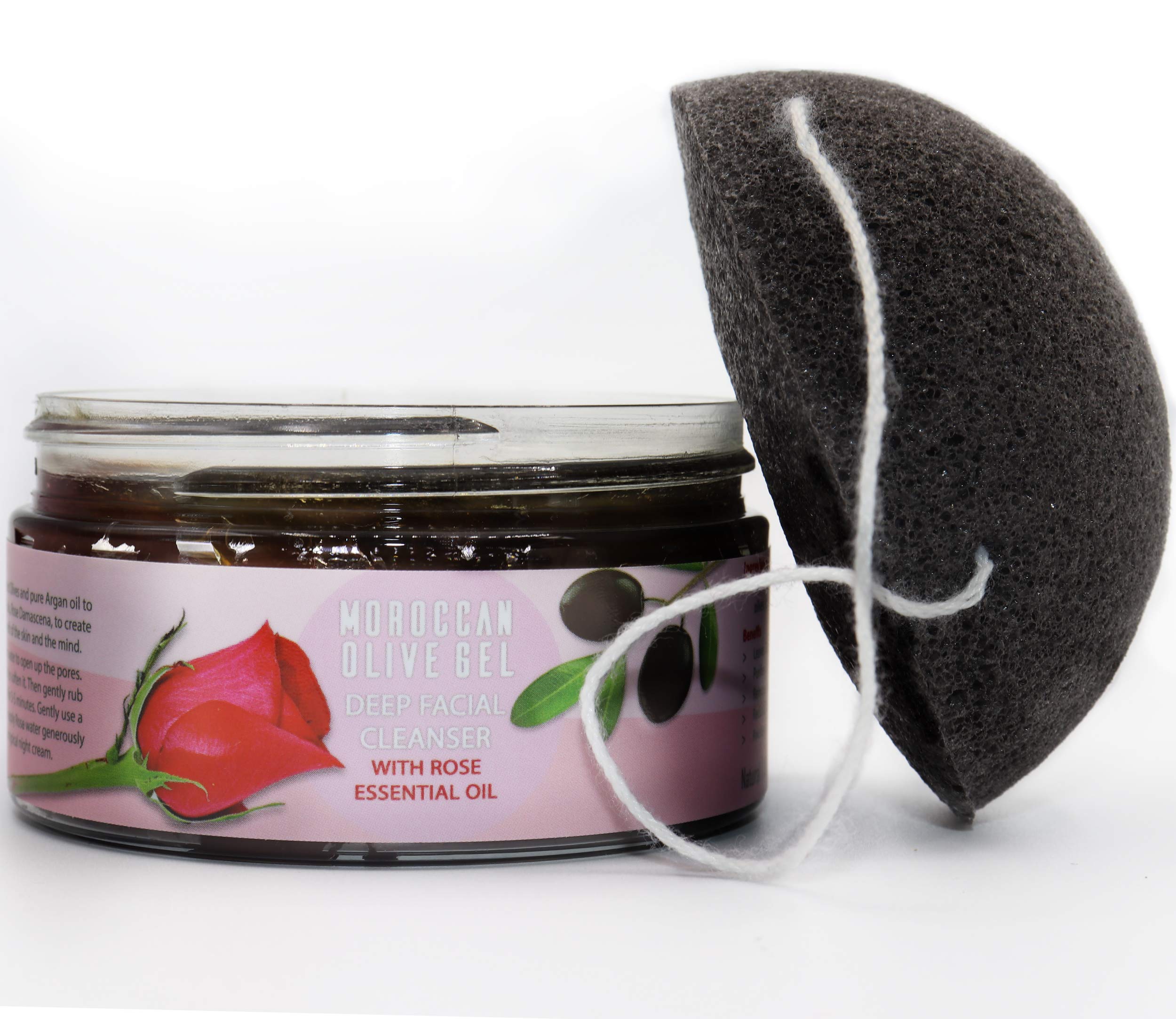 AL HOOR Moroccan Olive Facial Scrub Cleanser With Rose - For Oily Skin Acne Treatment + Konjac Exfoliating Sponge