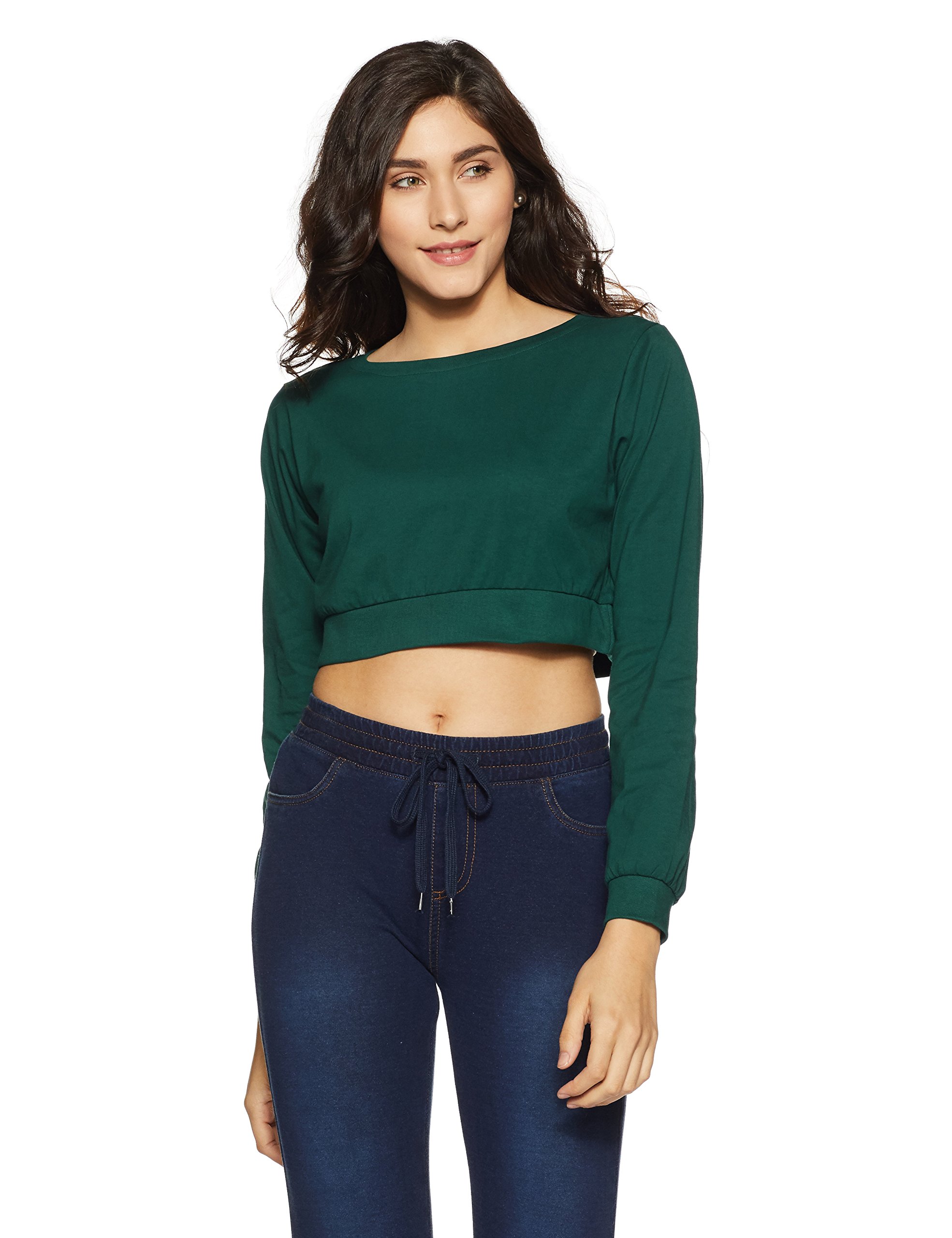 Miss ChaseWomen's Super Soft Round Neck Full Sleeves Solid Boxy Crop Top