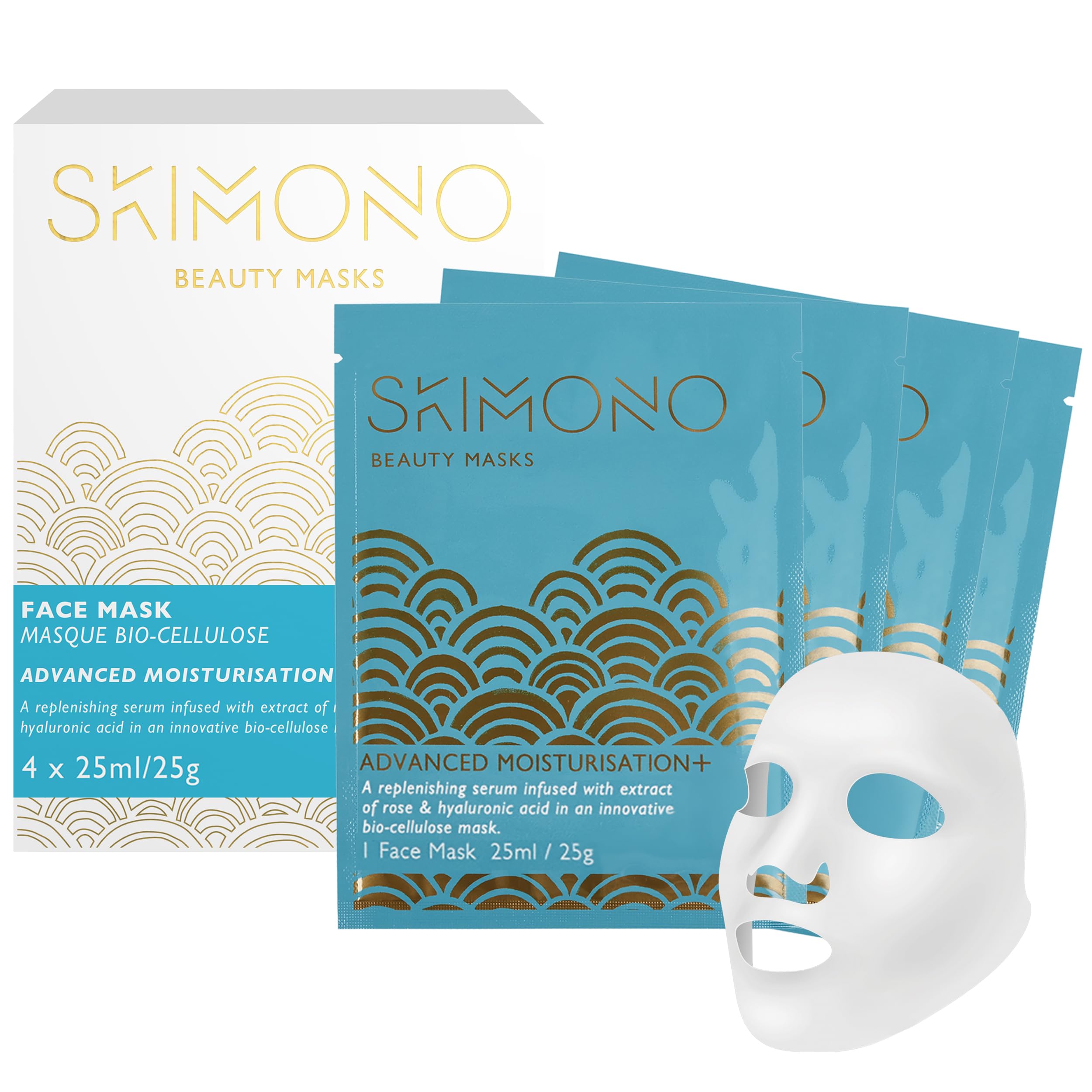 Skimono Hydration Boost Korean Face Mask (4 Pack), Bio-Cellulose Sheet Masks with Hyaluronic Acid, Rose & Honey, Luxury Hydrating Facial Masks for Glass Skin & Radiant Glow
