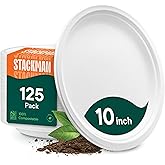 100% Compostable Disposable Paper Plates [125-Pack] - (PFAS-Free) - [10 Inch] Heavy Duty, Eco-Friendly, Biodegradable Bagasse Dinner Plates - Natural Brown 10" Plate by Stack Man (BPI Certified)
