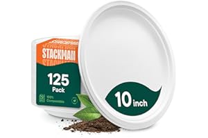 Paper Plates, Compostable Heavy Duty Disposable 10 Inch Dinner Plate - (125-Pack])- (PFAS-Free) - (BPI Certified)-Eco-Friendl