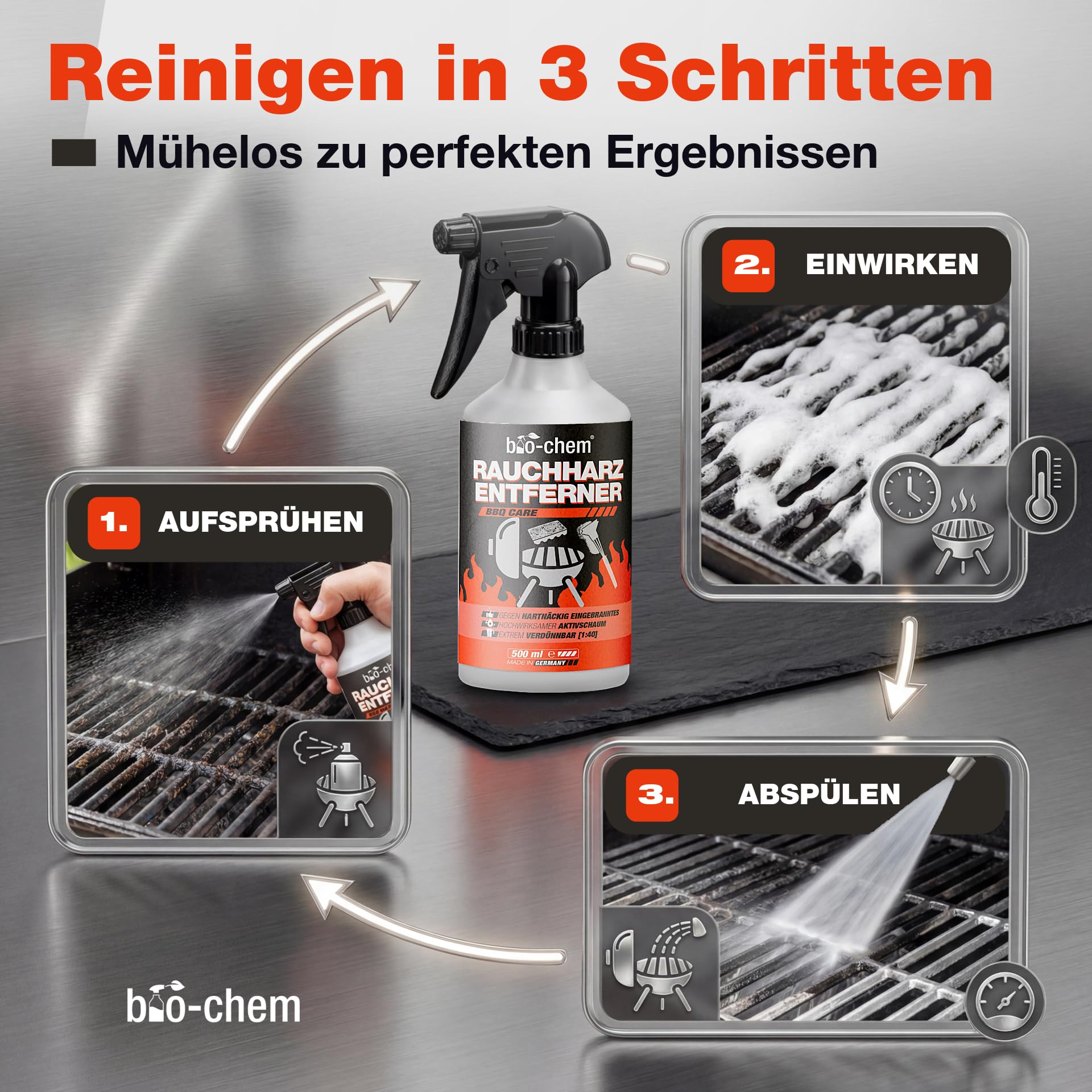bio-chem Rauchharz-Entferner - 500 ml - Backofen- und Grillreiniger Konzentrat für Gasgrill, Edelstahl, Gusseisen u.v.m. - Extrem kraftvolle Formel gegen hartnäckige Ablagerungen - Made in DE 5