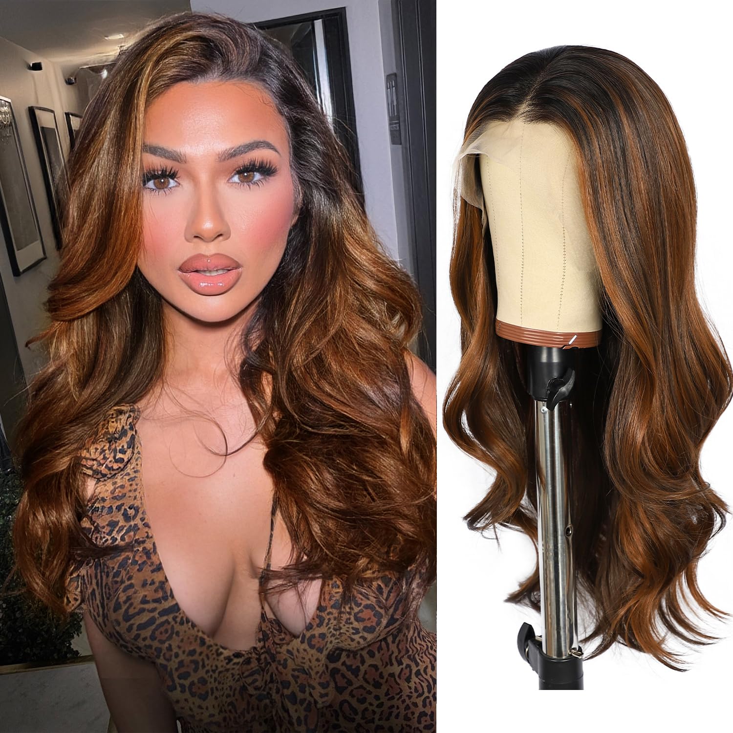 SOMIARIK Short Wavy Dark Brown With Roots Lace Front Wigs, 13x4 Synthetic Transparent Lace Front Wave Wigs Pre Plucked with Baby Hair 150% Density Heat Resistant Party Date Daily Wear 22 Inch — image 1