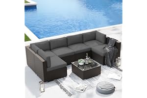 SUNCROWN 7-Piece Outdoor Patio Furniture Sofa Set All-Weather Wicker Sectional Conversation Set with Modern Glass Coffee Table and Cushions, Backyard, Garden, Dark Grey