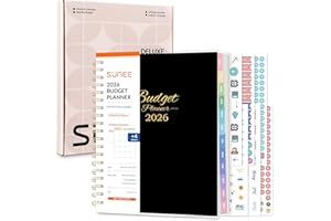 SUNEE 2026 Budget Planner - Deluxe Monthly Budget Book from JAN 2026 - DEC 2026, Bill Organizer with 12-Pockets, Expense Tracker Notebook B5 Size (8" x 10"), Finance Planner Account Book, Black