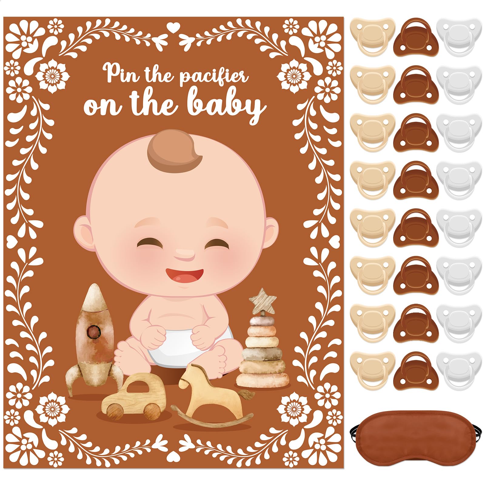 Faccito Pin The Pacifier Baby Shower Game Cielito Lindo Party Decorations Platos De Barro Mexicanos Game Brown Poster 24 Pacifier Stickers and Blindfold for Baby Shower Birthday Party Decor Supplies