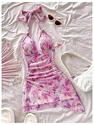BEAUDRM Women's Floral Print Sleeveless Halter Deep