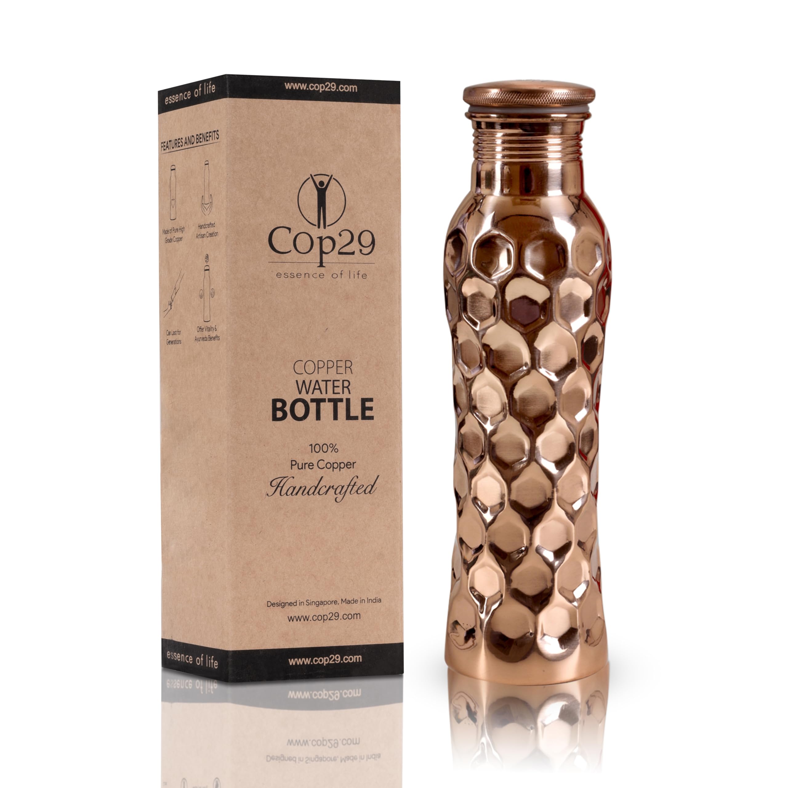 Cop29 Fairy Copper Glossy Honeycomb Water Bottle- 30oz / 900ml | A Handcrafted Leak Proof Ayurvedic Pure Copper Vessel | Ideal for Hydration, Sports, Yoga & Daily Use | Enjoy the Health Benefits